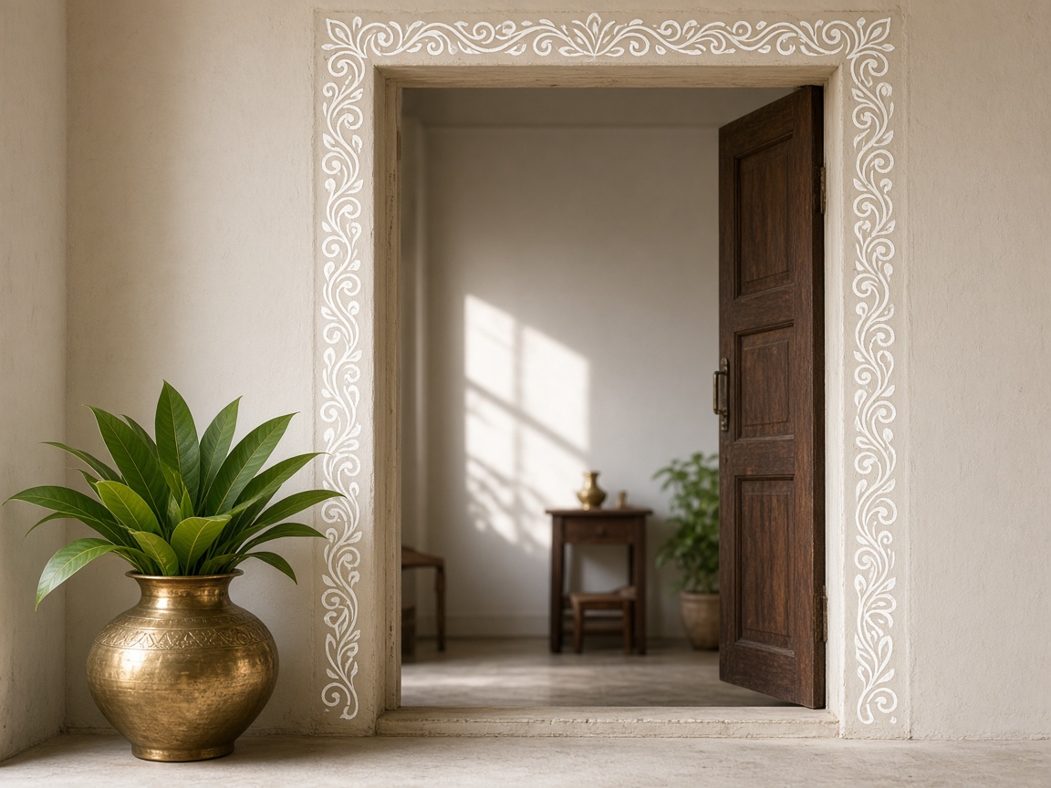 Poila Boishakh doorway with alpona and mango leaves