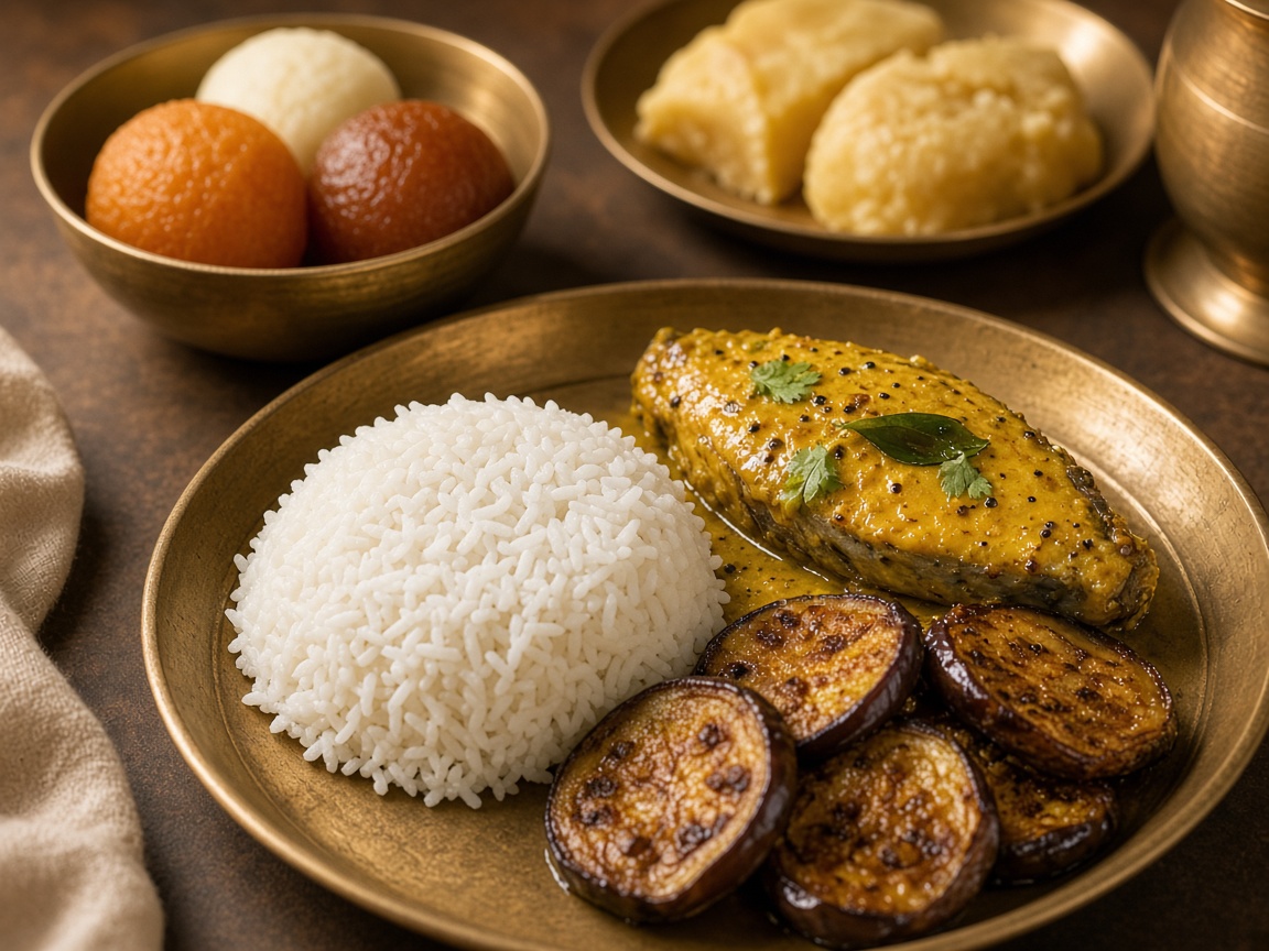 A Bengali meal served on brass plates