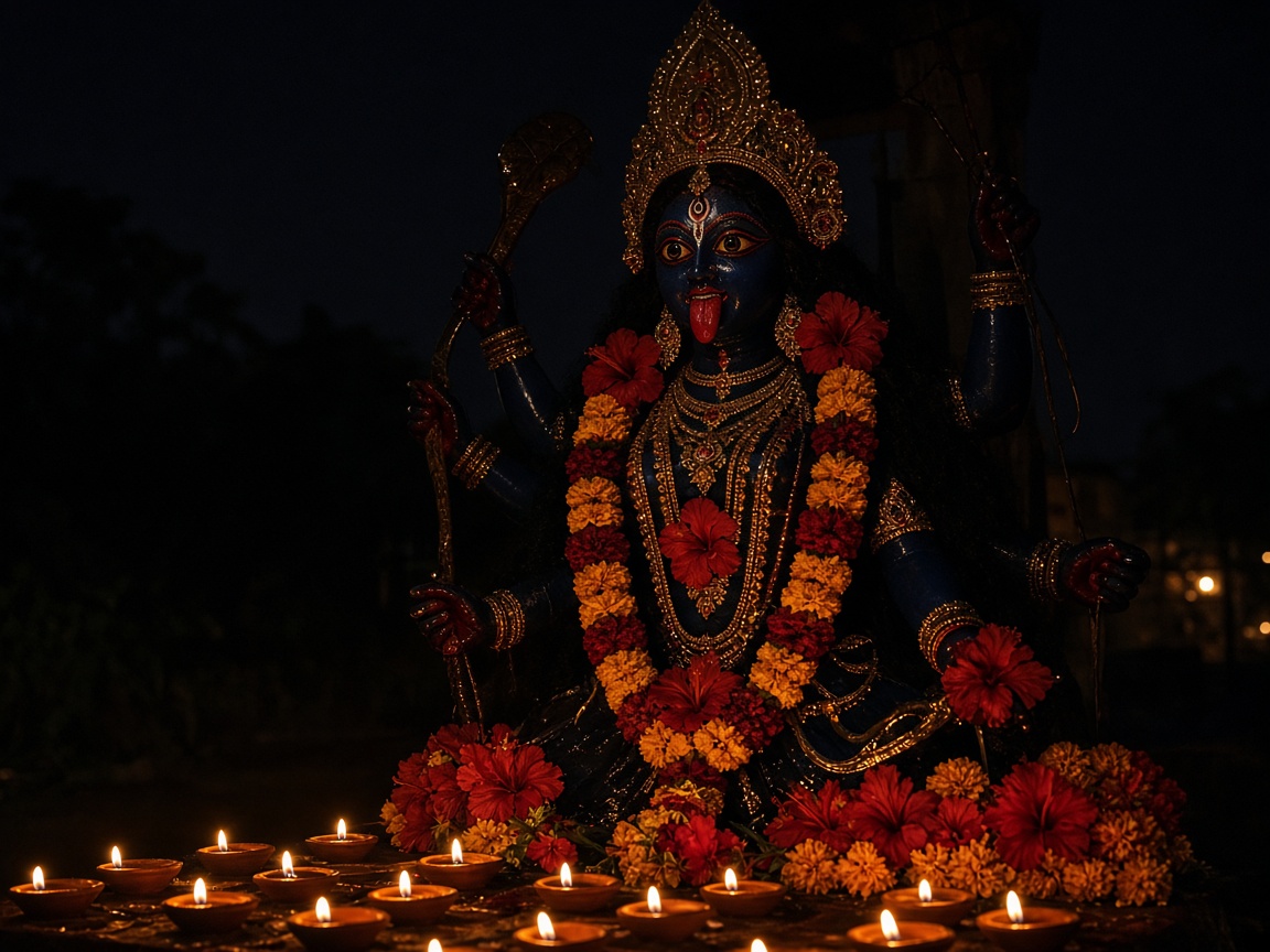Kali Puja illuminated by clay lamps