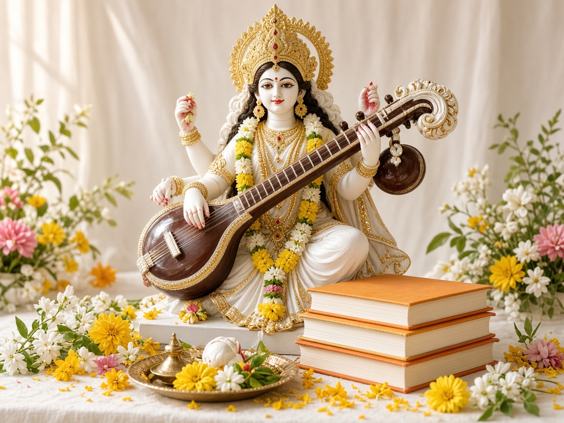 Saraswati Puja with veena, books and spring flowers